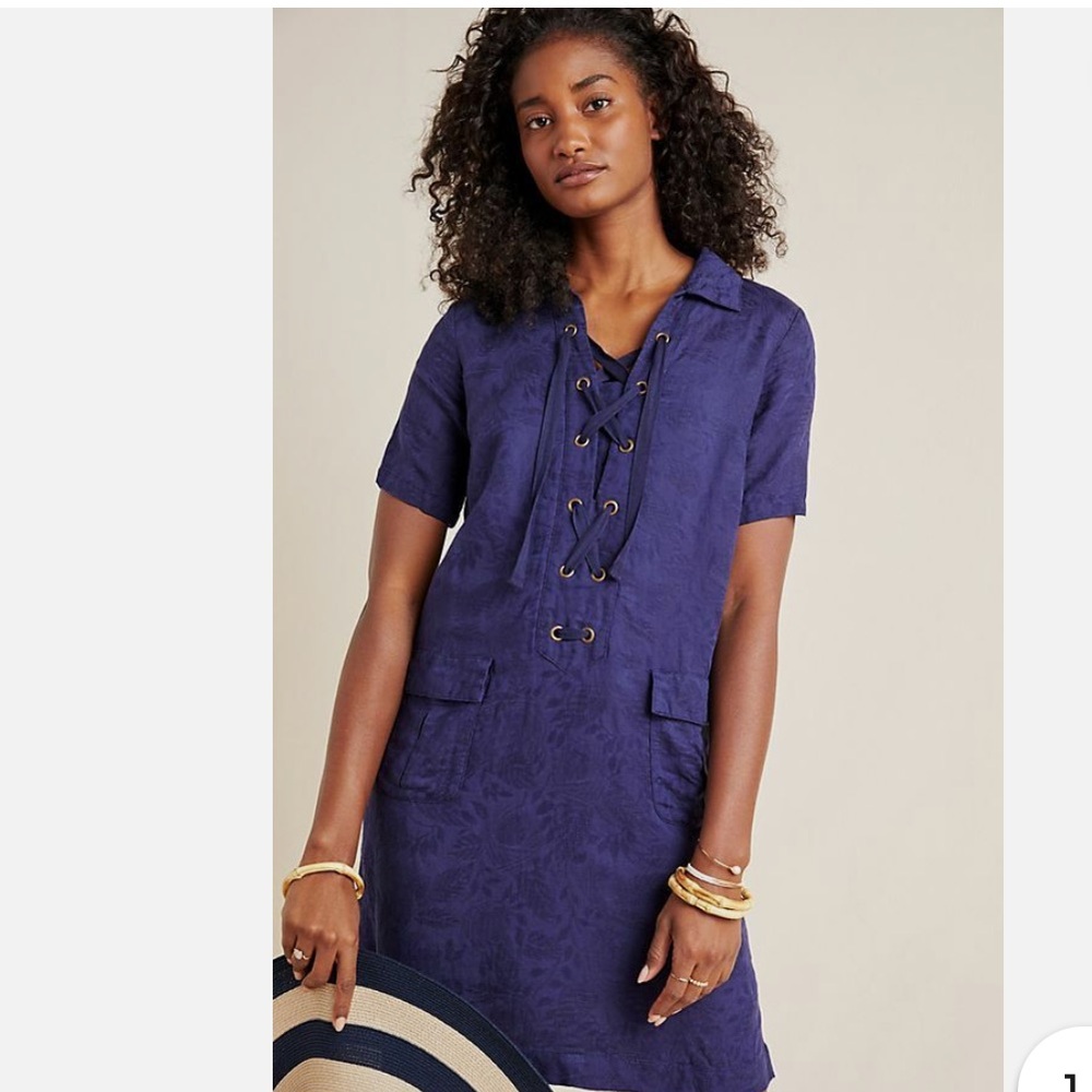 Anthropologie Navy Blue Dress Finley Floral Jacquard Lace-Up Shirtdress